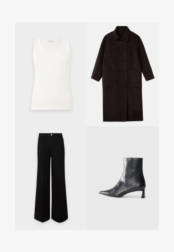 Tmavohnedý, dlhý vlnený kabát s dvojradovým zapínaním, širokým golierom, dlhými rukávmi a dvoma veľkými prednými vreckami.; Bavlnený top na ramienkach v off-white farbe s rebrovanou textúrou. Obsahuje výstrih do tvaru lode a malú vyšívanú značku na hrudi.; Čierne široké džínsy vyrobené z pevnej tkaniny, s vysokým pásom, prednými vreckami a predným zapínaním na gombík. Rovný lem na spodnej strane.; Čierne kožené členkové topánky s špicatou špičkou a elegantným dizajnom. Majú nízky podpätok a zips na zadnej strane. Hladká textúra.