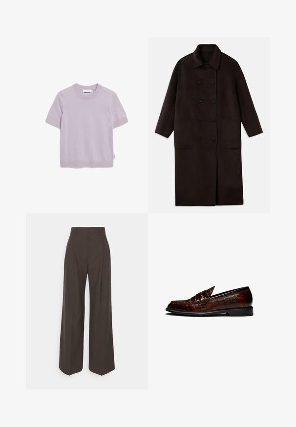 Dunkelbrauner, langer Wollmantel mit doppelreihigen Knöpfen, breitem Kragen, langen Ärmeln und zwei großen vorderen Taschen.; Kurzärmliges, lavendelfarbenes Strickoberteil mit Rundhalsausschnitt und gerippten Bündchen, mit dem Etikett "ARMEDANGELS" am Kragen.; Dunkelbraune weite Hose mit hoher Taille, die über sorgfältig gebügelte Falten, eine glatte Textur und eine taillierte Passform verfügt.; Braune Lederloafers mit Krokodilleder-Optik, einem niedrigen Absatz und einer spitzen Zehenform. Akzentnähte entlang der Kanten.