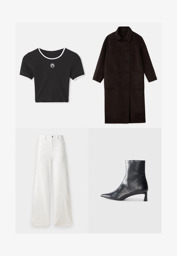 Tumši brūns, garš vilnas mētelis ar dubultām pogām, plašu apkakli, garām piedurknēm un divām lielām priekšējām kabatām.; Melna īsā t-kreklā, izgatavota no kokvilnas, ar apaļu izgriezumu ar baltu apdari un īsām piedurknēm. Centrā novietots logo balta krāsā.; Baltās platās džinsās izgatavotas no denima, kurām ir sānu izšuvumu raksti un tradicionālā piecu kabatu dizains. Ar rāvējslēdzēju un pogu.; Melnas ādas potītes zābaki ar norādītu pirkstu un elegantu dizainu. Iezīmē zemu papēdi un rāvējslēdzēja aizdari aizmugurē. Gluda tekstūra.