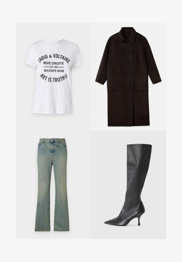 Tmavě hnědý dlouhý vlněný kabát s dvojitým zapínáním na knoflíky, širokým límcem, dlouhými rukávy a dvěma velkými předními kapsami.; Bílý bavlněný tričko s výrazným černým textem obsahujícím název značky, lokaci, rok založení a slogan v kruhovém uspořádání. Kulatý výstřih.; Světle modré džíny s rozšířenými nohavicemi a vysokým pasem, s pěti kapsami a zipem. Čistý, vybledlý vzhled s jemnými detaily v šití.; Černé kožené vysoké boty do kolen s špičatou špičkou a štíhlým jehlovým podpatkem. Hladká textura s přiléhavým střihem a přešitím na horním okraji.