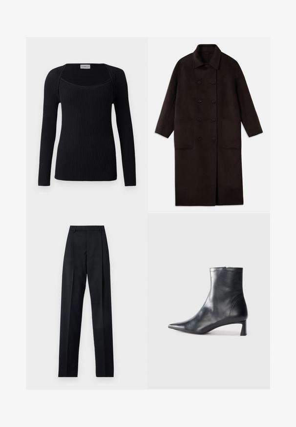 Casaco de lã longo, castanho escuro, com botões duplos, colarinho largo, mangas longas e dois grandes bolsos frontais.; Top preto de mangas longas com textura canelada, apresentando um decote quadrado e um design ajustado. Feito de um material suave e elástico.; Calças pretas feitas de um tecido suave, com uma cintura alta, pernas largas, pregas frontais e passadores de cinto clássicos. Não há bolsos laterais visíveis.; Bota de tornozelo em pele preta com biqueira apontada e um design elegante. Apresenta um salto baixo e um fecho com zipper na parte de trás. Textura suave.