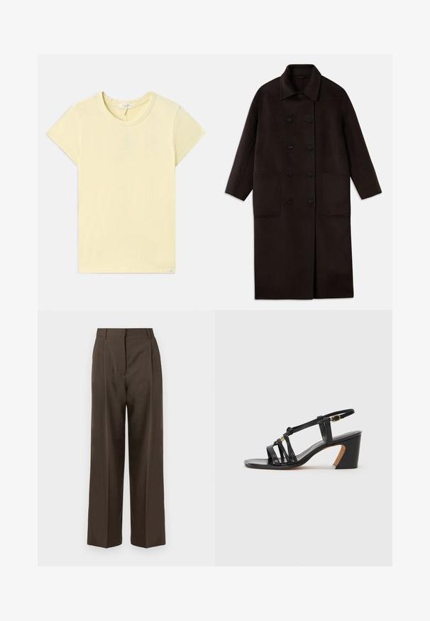 Cappotto lungo in lana marrone scuro, con bottoni doppi, ampio colletto, maniche lunghe e due grandi tasche frontali.; T-shirt giallo chiaro a maniche corte con scollo rotondo, texture soffice, vestibilità standard e un piccolo etichetta del marchio vicino all'orlo.; Pantaloni larghi marroni con una superficie liscia, dotati di vita alta, pince frontali e un design sartoriale. Nessuna tasca visibile o decorazioni.; Paul Smith AMIRA - Decolleté - black