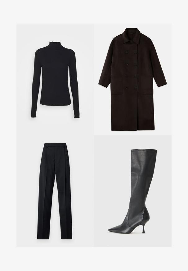 Ciemnobrązowy, długi wełniany płaszcz z podwójnymi guzikami, szerokim kołnierzem, długimi rękawami i dwiema dużymi kieszeniami z przodu.; Czarny, długi rękaw, golf z gładkiego materiału, z falbaniastym kołnierzem i dopasowanym krojem z prostymi brzegami.; Czarne spodnie wykonane z gładkiego materiału, z wysokim stanem, szerokimi nogawkami, fałdami z przodu i klasycznymi szlufkami na pasek. Brak widocznych kieszeni bocznych.; Czarne skórzane botki do kolan z ostrym noskiem i wąskim obcasem w szpilkę. Gładka tekstura z dopasowanym krojem i przeszyciem na górnej krawędzi.
