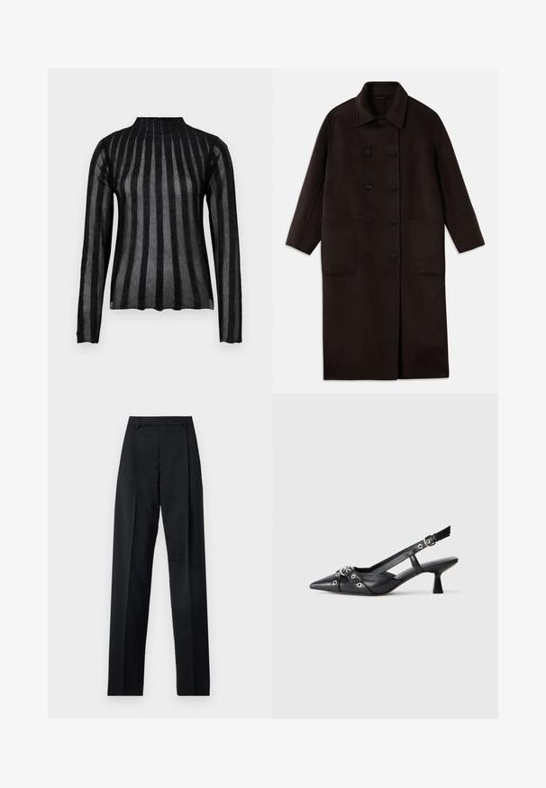 T tumedast pruunist villast pikk sulejope, millel on kahekordsed nööbid, lai krae, pikad varrukad ja kaks suurt esikot.; Must mustriga mustsärk kõrge kaelusega, millel on läbiläbiline triibuline muster vahelduvate opaksete ja läbipaistvate osadega. Pehme tekstuur.; Mustad püksid siledast kangast, millel on kõrge vöökoht, laiad jalad, esimesed kortsud ja klassikalised vööloopid. Küljepockets pole nähtavad.; Must must have must toote tõmblukuga, dekoratiivsed rihmad metallist silmadega ja madal blokk-kand. Tekstureeritud pind.