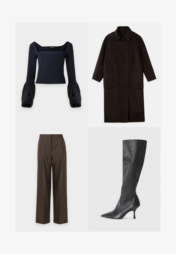 T tumedast pruunist villast pikk sulejope, millel on kahekordsed nööbid, lai krae, pikad varrukad ja kaks suurt esikot.; Must kastani pikkade varrukatega topp nelinurga kaelusega, millel on mahukad mansetid ja sobiv kehaosa, valmistatud siledast kangast.; Pruunid laiad püksid sujuva tekstuuriga, kõrge vöökohaga, eesmine voltide ja kohandatud disainiga. Pole nähtavaid taskuid ega kaunistusi.; Knee-high mustad nahksaapad terava nina ja kitsaste stiilsete kontsadega. Sile tekstuur sobiva disainiga ja õmblused ülemisel serval.