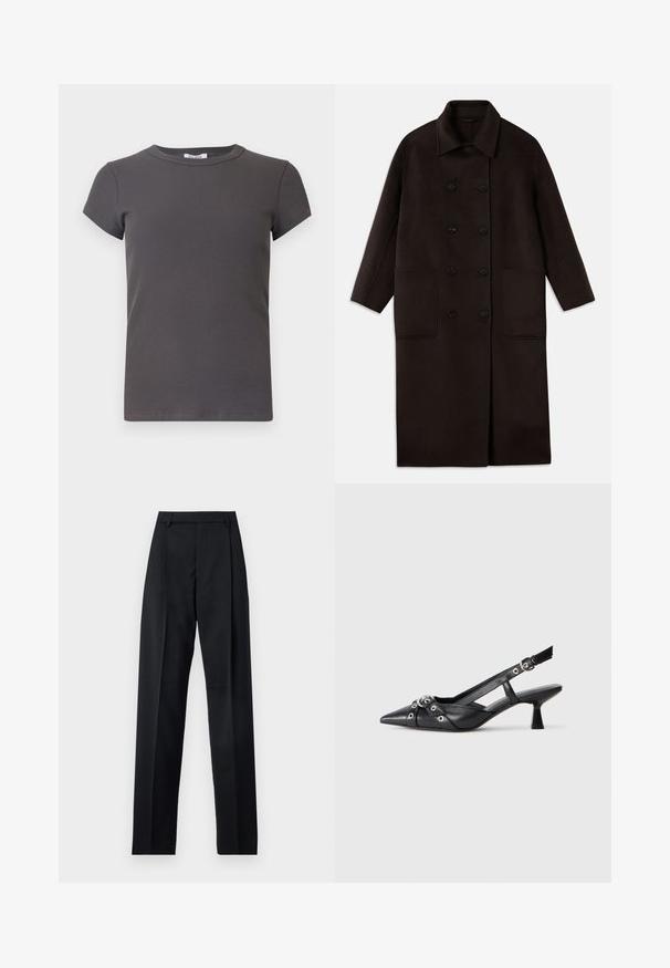 Abrigo de lana largo de color marrón oscuro, con botones dobles, cuello ancho, mangas largas y dos grandes bolsillos frontales.; Camiseta de manga corta de rayas gris con cuello redondo. Hecha de una tela suave, presenta un patrón texturizado y una silueta ajustada.; Pantalones negros de tela suave con cintura alta, piernas amplias, pliegues frontales y lazos de cinturón clásicos. No hay bolsillos laterales visibles.; Zapato de slingback negro de piel con punta afilada, correas decorativas con ojales de metal y un tacón bajo y ancho. Superficie texturizada.