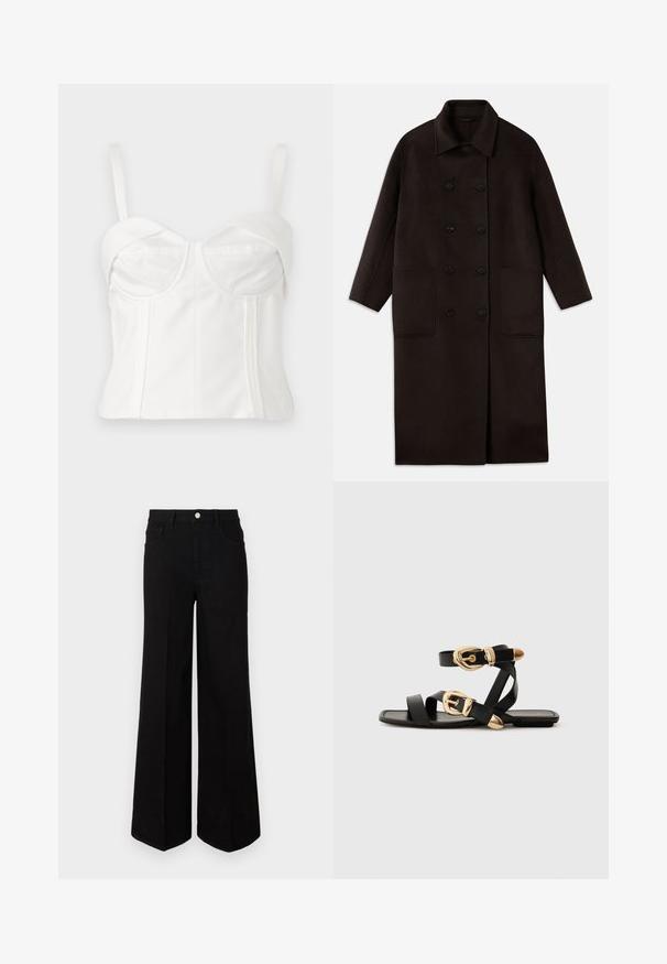 Dark brown, long wool coat with double-breasted buttons, wide collar, long sleeves, and two large front pockets.; White cropped bralette with adjustable straps, soft fabric, structured bodice, curved neckline, and side seams for definition.; Black wide-leg jeans made of sturdy fabric, featuring a high waist, front pockets, and a front button closure. Flat hem at the bottom.; Black leather sandals with gold buckle accents, featuring multiple straps and a flat sole design for open-toe wear.