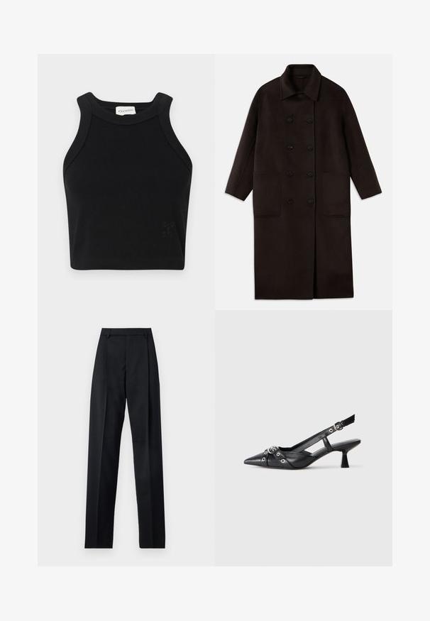 Tumši brūns, garš vilnas mētelis ar dubultām pogām, plašu apkakli, garām piedurknēm un divām lielām priekšējām kabatām.; Melnā ribota topa daļa ar pieguļošu dizainu, platām plecu lencēm un smalku logo detaļu. Izgatavots no elastīga materiāla komfortam.; Melnas bikses, izgatavotas no gludas auduma, ar augstu vidukli, platiem bikšu galdniekiem, priekšējiem krokām un klasiskām jostu cilpām. Sānu kabatas nav redzamas.; Melnas ādas šlipsveida kurpes ar norādītu purngalu, dekoratīvām joslām ar metāla acīm un zemu bloku papēdi. Teksturēta virsma.