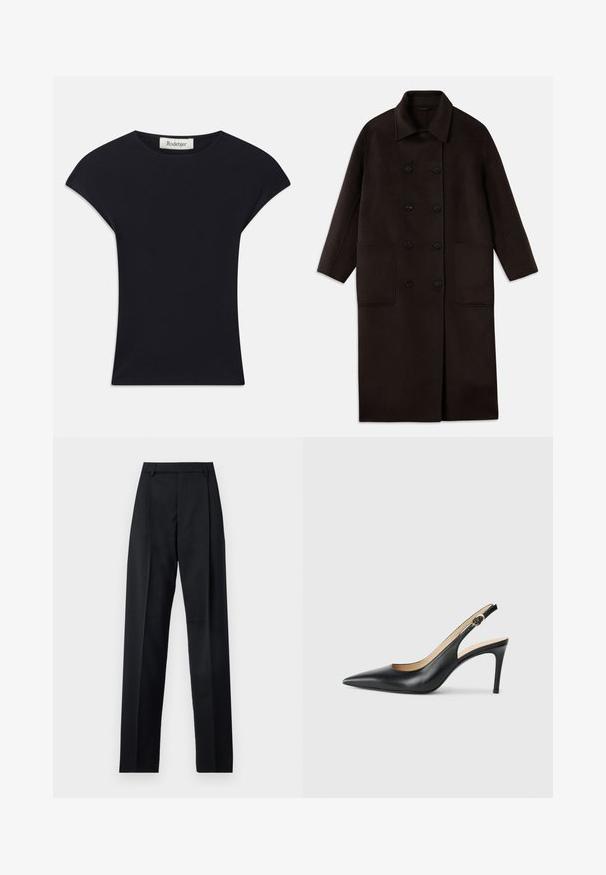 Palton lung, din lână, de culoare maro închis, cu nasturi dubli, guler larg, mâneci lungi și două buzunare mari în față.; Top scurt negru cu mânecă scurtă, realizat dintr-un material moale, având un decolteu rotund și o siluetă ajustată cu accente subtile pe umeri. Eticheta este vizibilă.; Pantaloni negri dintr-un material neted, cu talie înaltă, picioare largi, pliuri frontale și loop-uri clasice pentru curea. Fără buzunare laterale vizibile.; Cizme negre din piele cu toc înalt slingback, cu vârf ascuțit, curea ajustabilă și un toc stiletto elegant, având un finisaj neted.