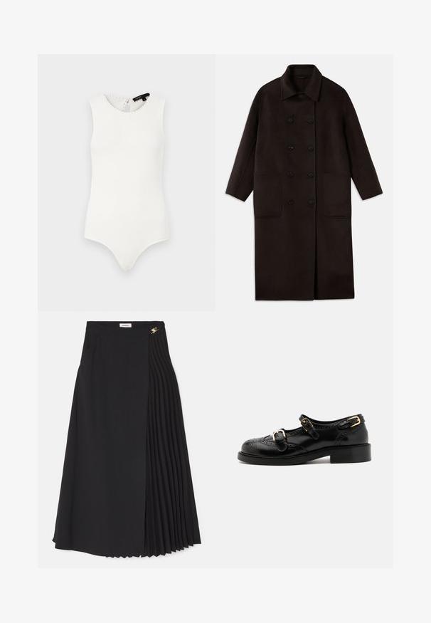 T tumedast pruunist villast pikk sulejope, millel on kahekordsed nööbid, lai krae, pikad varrukad ja kaks suurt esikot.; Valge ilma varrukateta bodi ribatud kangast, mis on lõigatud skaalopiga kaeluse ja võtmeauku seljaosal, ning sujuva põhjakujundusega.; Mustaline seelik, millel on ühel küljel volditud disain, valmistatud kergest kangast, varjatud tõmbluku ja küljetaskutega.; Mustal nahast kingad brogue-tekstiiliga, millel on kaks pandla rihma, ümar varvas ja madal konts. Sujuv tekstuur ja läikiv viimistlus.