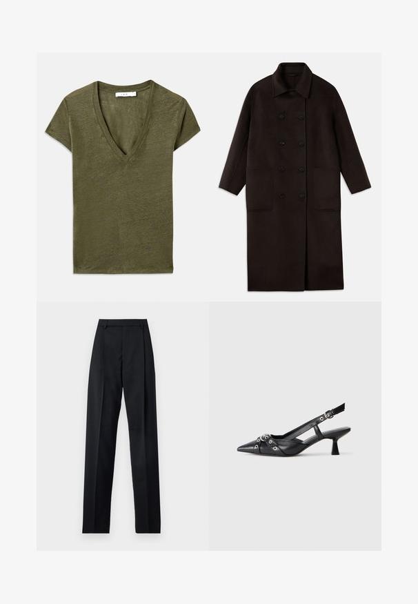 T tumedast pruunist villast pikk sulejope, millel on kahekordsed nööbid, lai krae, pikad varrukad ja kaks suurt esikot.; Oliivroheline V-kaelusega t-särk lühikeste varrukatega, pehmest materjalist, millel on mugav lõige ja peen hallikas textuur.; Mustad püksid siledast kangast, millel on kõrge vöökoht, laiad jalad, esimesed kortsud ja klassikalised vööloopid. Küljepockets pole nähtavad.; Must must have must toote tõmblukuga, dekoratiivsed rihmad metallist silmadega ja madal blokk-kand. Tekstureeritud pind.