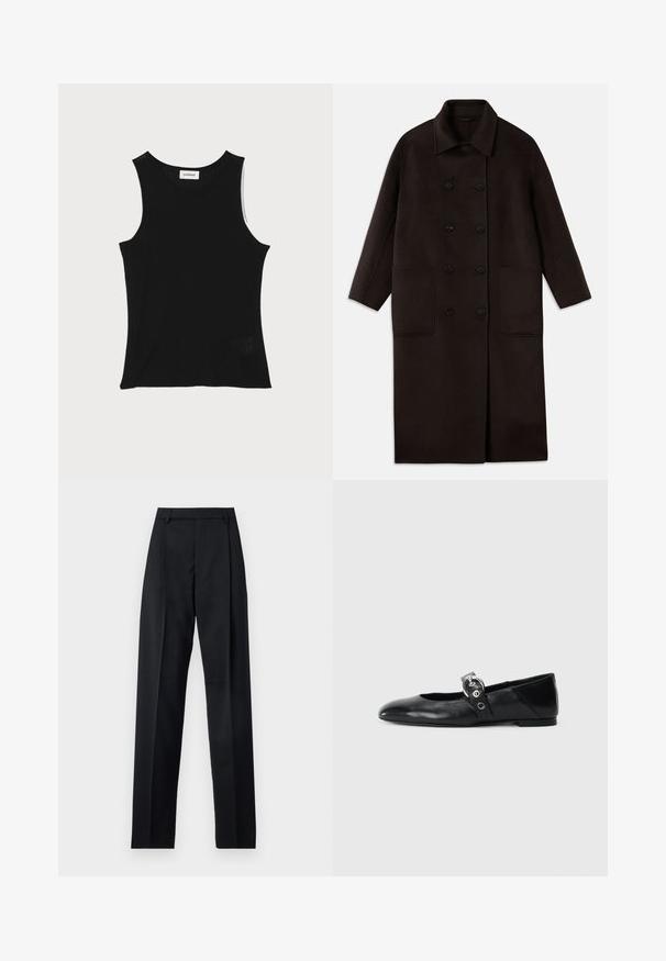 Sötétbarna, hosszú gyapjúszövet kabát dupla gombos záródással, széles gallérral, hosszú ujjaival és két nagy elülső zsebbel.; Fekete bordázott ujjatlan felső kerek nyakkivágással és széles vállpántokkal, finom textúrázott felülettel és kis hálós részlettel az alján.; Fekete nadrág sima anyagból, magas derékkal, széles lábakkal, elülső redőkkel és klasszikus övhurkokkal. Oldalzsebek nem láthatók.; Fekete bőr balettcipők, hegyes orral, kör alakú fémbújtatóval ellátott pánttal és lapos talppal.