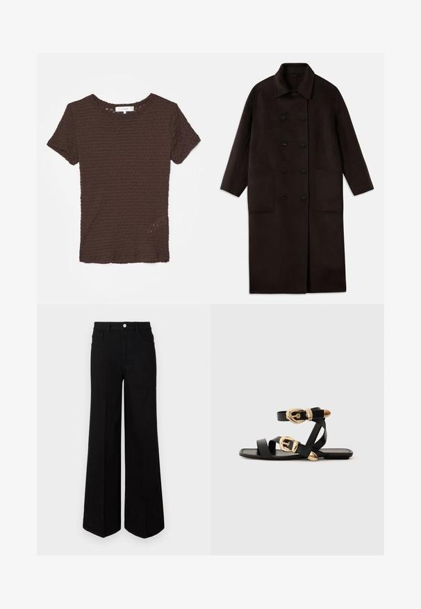 Tmavě hnědý dlouhý vlněný kabát s dvojitým zapínáním na knoflíky, širokým límcem, dlouhými rukávy a dvěma velkými předními kapsami.; Hnědé tričko s krátkým rukávem, se strukturovaným, žebrovaným vzorem a kulatým výstřihem. Měkká tkanina s mírně volným střihem.; Černé široké džíny vyrobené z pevné látky, s vysokým pasem, předními kapsami a zapínáním na knoflík. Rovný lem na spodním okraji.; Černé kožené sandály s pozlacenými přezkami, s vícero popruhy a plochou podrážkou pro nošení s otevřenou špičkou.