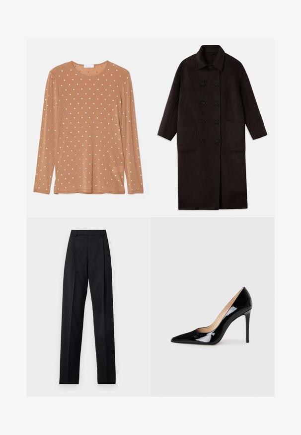 Tumši brūns, garš vilnas mētelis ar dubultām pogām, plašu apkakli, garām piedurknēm un divām lielām priekšējām kabatām.; Garais piedurknes brūnais tops ar apaļu dekoltē, rotāts ar sudraba apaļajiem spīdumiem, sakārtotiem punktiņu rakstā.; Melnas bikses, izgatavotas no gludas auduma, ar augstu vidukli, platiem bikšu galdniekiem, priekšējiem krokām un klasiskām jostu cilpām. Sānu kabatas nav redzamas.; Melnā lakota ādas augstpapēžu kurpe ar norādītas formas purngalu un elegantu siluetu. Iespēj gludu, spīguļojošu apdari un šauru stiletto papēdi.