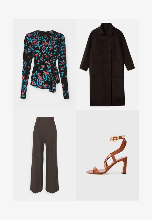 Tumši brūns, garš vilnas mētelis ar dubultām pogām, plašu apkakli, garām piedurknēm un divām lielām priekšējām kabatām.; Melna garā piedurkņu blūze ar krāsainu ziedu rakstu sarkanā, tirkīza un zilā krāsā, ar mezgla akcentu viduklī.; Tumši brūni platajiem galiem bikses ar augstu jostasvietu, kas pieejamas ar uzmanīgi presētām krokām, gludu tekstūru un pielāgotu piegriezumu.; Brūnas ādas papēžu sandeļi ar siksniņu dizainu un potītes sprādzi. Iespējas ar slēgtu aizmuguri un augstu, masīvu papēdi. Gluda tekstūra.