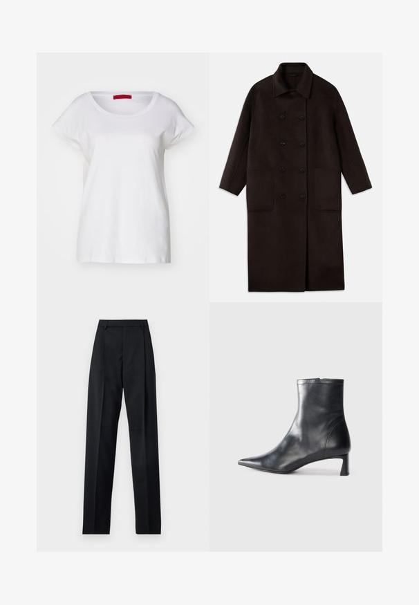 Sötétbarna, hosszú gyapjúszövet kabát dupla gombos záródással, széles gallérral, hosszú ujjaival és két nagy elülső zsebbel.; MAX&Co. MALDIVE - Basic póló - weiss; Fekete nadrág sima anyagból, magas derékkal, széles lábakkal, elülső redőkkel és klasszikus övhurkokkal. Oldalzsebek nem láthatók.; Fekete bőr bokacsizma hegyes orral és letisztult dizájnnal. Alacsony sarka és hátsó cipzáras záródása van. Simának tűnő textúra.