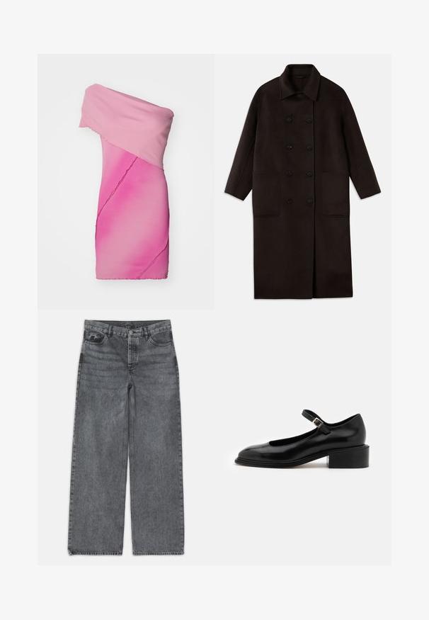 Tmavě hnědý dlouhý vlněný kabát s dvojitým zapínáním na knoflíky, širokým límcem, dlouhými rukávy a dvěma velkými předními kapsami.; Obtažené, off-shoulder šaty z gradientního růžového žebrovaného materiálu, s asymetrickým designem a surovým lemováním.; Kalhoty s širokými nohavicemi v tmavě šedém denimovém materiálu. Vyznačují se vysokým pasem, pěti kapsami a předním zapínáním na knoflík. Hladká textura s jemným vyblednutím.; Souliers Martinez PENELOPE - Lodičky na vysokém podpatku - black