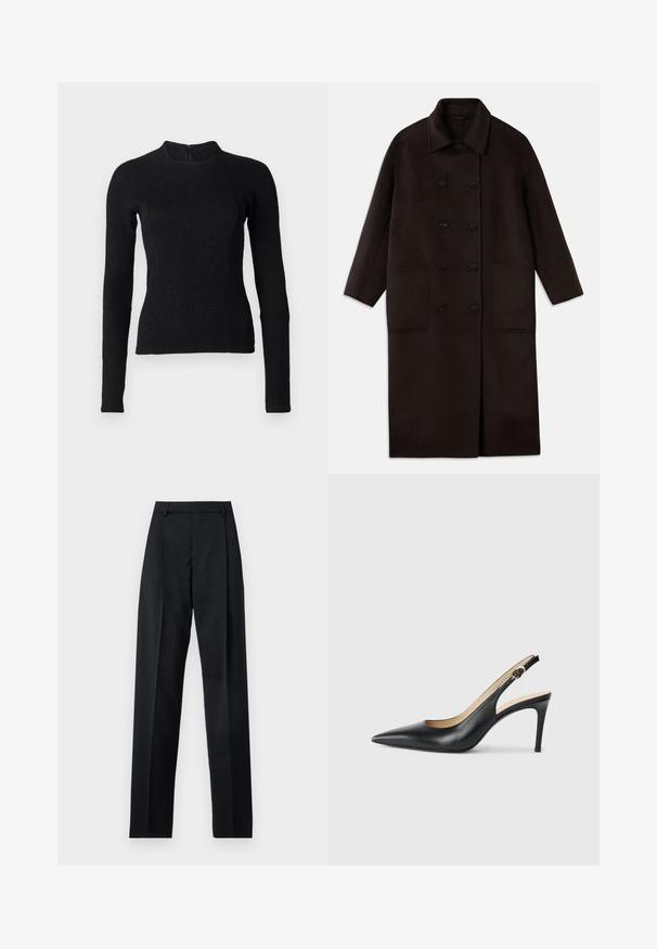 Dunkelbrauner, langer Wollmantel mit doppelreihigen Knöpfen, breitem Kragen, langen Ärmeln und zwei großen vorderen Taschen.; Schwarzes Langarmoberteil mit einer figurbetonten Passform, strukturiertem Stoff und hochgeschnittenem Kragen. Verfügt über einen verdeckten Reißverschluss im Rücken zur Befestigung.; Schwarze Hosen aus glattem Stoff mit hoher Taille, weitem Bein, vorderen Falten und klassischen Gürtelschlaufen. Keine sichtbaren Seitentaschen.; Schwarze Leder-Slingback-High-Heels mit spitzem Zehenbereich, verstellbarem Riemen und schlankem Stiletto-Absatz, ausgestattet mit einer glatten Oberfläche.