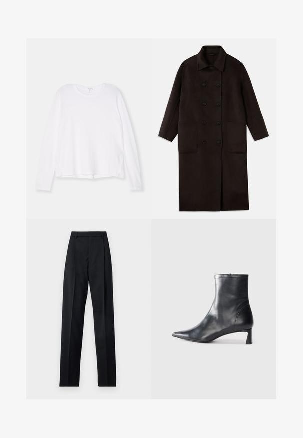 Tamsiai rudas, ilgas vilnonis paltas su dvigubais mygtukais, plačiu apykakle, ilgomis rankovėmis ir dviem didelėmis priekinėmis kišenėmis.; Balta ilgomis rankovėmis marškinėliai, pagaminti iš minkštos medžiagos, su apvaliu iškirpimu, laisvu siluetu ir šoninėmis praplatinimais hemui, kad būtų patogiau judėti.; Juodos kelnės iš lygaus audinio, pasižyminčios aukštu liemeniu, plačiomis kojomis, priekinėmis klostėmis ir klasikiais diržo kilpomis. Šoninių kišenių nematyti.; Juodas odinis kulkšninis batas su smailiu pirštu ir elegantišku dizainu. Turi žemą kulną ir užtrauktuką gale. Lygi tekstūra.