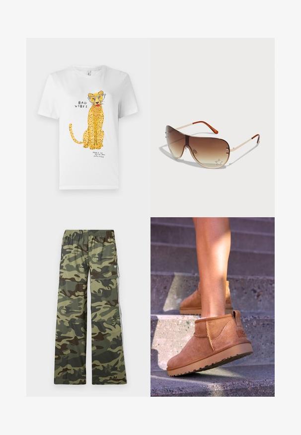 Rjava umetna usnjena skrajšana jakna s ovratnikom, zadrgo in napihnjenimi rokavi, ki ima gladko teksturo in elastičen pas.; Siva zip-up kapuca s velikim pokrivačem, dugim rukavima i prednjim džepovima. Glatka tekstura s ležernim krojem i minimalnim detaljima.; Bela bomba majica iz bombaža z grafiko rumenega leoparda, ki nosi očala, s tekstom "SLABI VIBRACIJE" in "NE HODI Z MOJIM RDEČILOM."; Cargo hlače s kamuflažnim vzorcem v odtenkih zelene in rjave, z širokim krojem, elastičnim pasom in stranskimi žepi s črtami.; Svetlosive nobuck gležnjarji z mehko teksturo, všitimi detajli in gumijastim podplatom, z zanko na peti za enostavno obuvanje.; Sončna očala s rjavim degradiranim lečami, kovinskim okvirjem in dekorativnim vzorcem z zvezdami ter kristali na spodnjem desnem delu leče.; Nahrbtnik iz rjave usnje s snemljivo zadrgo, ramenskim trakom in embosiranim logotipnim vzorcem. Gladka površina z zlatimi kovinskimi dodatki.