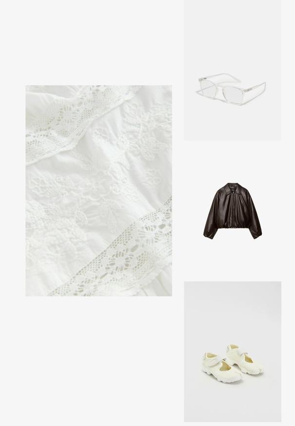 Bruine nep leren cropped jas met een gekraagde kraag, ritssluiting en voluminieuze mouwen, met een gladde textuur en een elastische tailleband.; Witte stof met ingewikkelde bloemenborduursels en delicate kanten afwerking. Zachte textuur met gelaagde ontwerpelementen door het geheel.; Witte katoenen tanktop met brede schouderbanden, een ronde halslijn en een gladde, geribbelde textuur. Geen patronen of accenten aanwezig.; Witte mesh schoenen met een gestructureerd ontwerp, voorzien van een klittenbandsluiting en uitsparingen aan de zijkanten, textielstof en een chunky zool.; CHPO ZEBBE UNISEX - Brillen met blauwlichtfilter - transperent