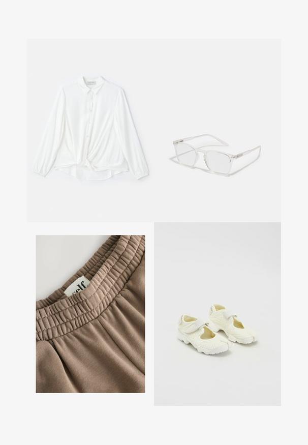 Braune Kunstleder-Cropped-Jacke mit Kragen, Reißverschluss und gepufften Ärmeln, aus glattem Material und mit elastischem Bund.; Weiße Bluse mit langen Ärmeln, kragenlosem Ausschnitt, Knopfverschluss und geknotetem Detail in der Taille. Hergestellt aus glattem, leichtem Stoff.; Brauner elastischer Bund mit gerafftem Textur, angenähter Aufkleber mit der Aufschrift "self" und weichem Stoff, der eine glatte Oberfläche und einen neutralen Farbton aufweist.; Weiße Mesh-Schuhe mit einem strukturierten Design, ausgestattet mit einem Klettverschluss und ausgeschnittenen Seiten, strukturiertem Stoff und einer klobigen Sohle.; CHPO ZEBBE UNISEX - Blue Light Brillen - transperent; DRAGON DIFFUSION ROSANNA - Handtasche - dark brown