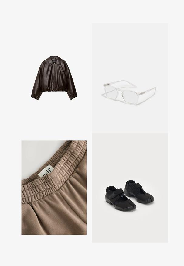 Hnedá koženka skrátená bunda s golierom, zipsom a nadýchanými rukávmi, s hladkým povrchom a elastickým pásom.; Biele bavlnené tielko s širokými ramienkami, okrúhlym výstrihom a hladkou, rebrovanou textúrou. Bez vzorov alebo akcentov.; Hnedý elastický pás s nariasenou textúrou, priložená nálepka s nápisom "self" a mäkká látka má hladký povrch a neutrálny odtieň.; Čierne vodné topánky vyrobené z flexibilného materiálu s suchým zipsom, ktoré majú jedinečný dizajn s rozdelenými prstami a textúrovanú gumovú podrážku pre lepšiu priľnavosť.; CHPO ZEBBE UNISEX - Okuliare s filtrom modrého svetla - transperent; DRAGON DIFFUSION ROSANNA - Kabelka - dark brown