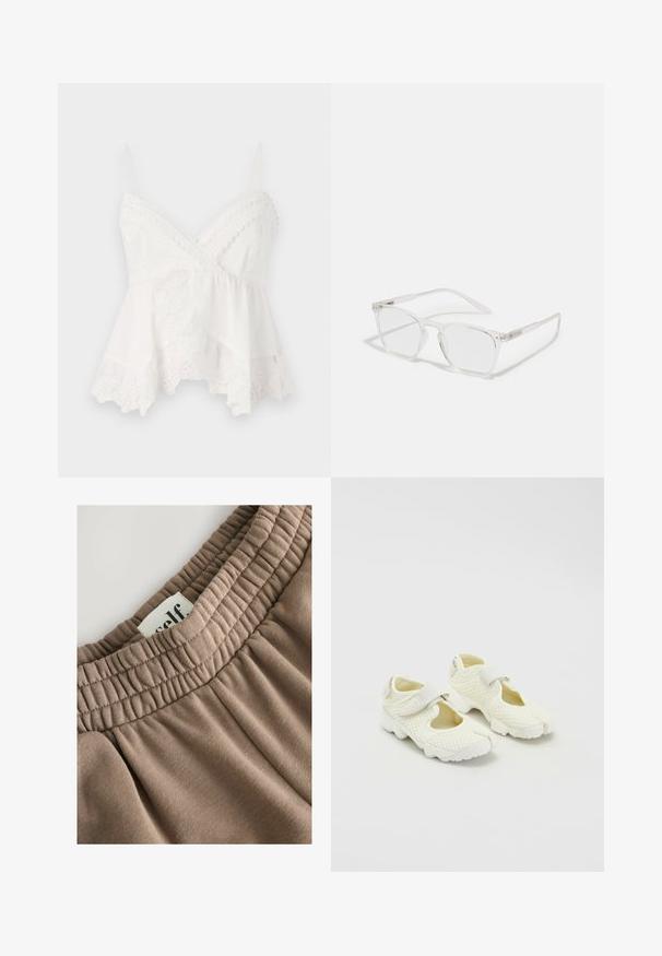 Brązowa kurtka z ekoskóry o kroju cropped, z kołnierzem, zamkiem błyskawicznym i bufkami, z gładką fakturą i elastycznym pasem.; Biała kamizelka na cienkich ramiączkach, ozdobiona koronkowym wykończeniem i kwiatowym haftem na dole. Miękka, lekka tkanina o warstwowej konstrukcji.; Brązowy elastyczny pasek w talii z marszczonym teksturem, przymocowana etykieta z napisem "self" oraz miękka tkanina o gładkiej powierzchni i neutralnym odcieniu.; Białe siatkowe buty o zbudowanej konstrukcji, z rzepem i wyciętymi bokami, teksturowanym materiałem oraz masywną podeszwą.; CHPO ZEBBE UNISEX - Okulary z filtrem światła niebieskiego