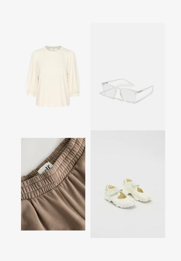 Brązowa kurtka z ekoskóry o kroju cropped, z kołnierzem, zamkiem błyskawicznym i bufkami, z gładką fakturą i elastycznym pasem.; Kremowa bluzka z krótkimi, bufkami rękawami, okrągłym dekoltem i luźnym krojem. Wykonana z miękkiego materiału, idealna na codzienne noszenie.; Brązowy elastyczny pasek w talii z marszczonym teksturem, przymocowana etykieta z napisem "self" oraz miękka tkanina o gładkiej powierzchni i neutralnym odcieniu.; Białe siatkowe buty o zbudowanej konstrukcji, z rzepem i wyciętymi bokami, teksturowanym materiałem oraz masywną podeszwą.; CHPO ZEBBE UNISEX - Okulary z filtrem światła niebieskiego