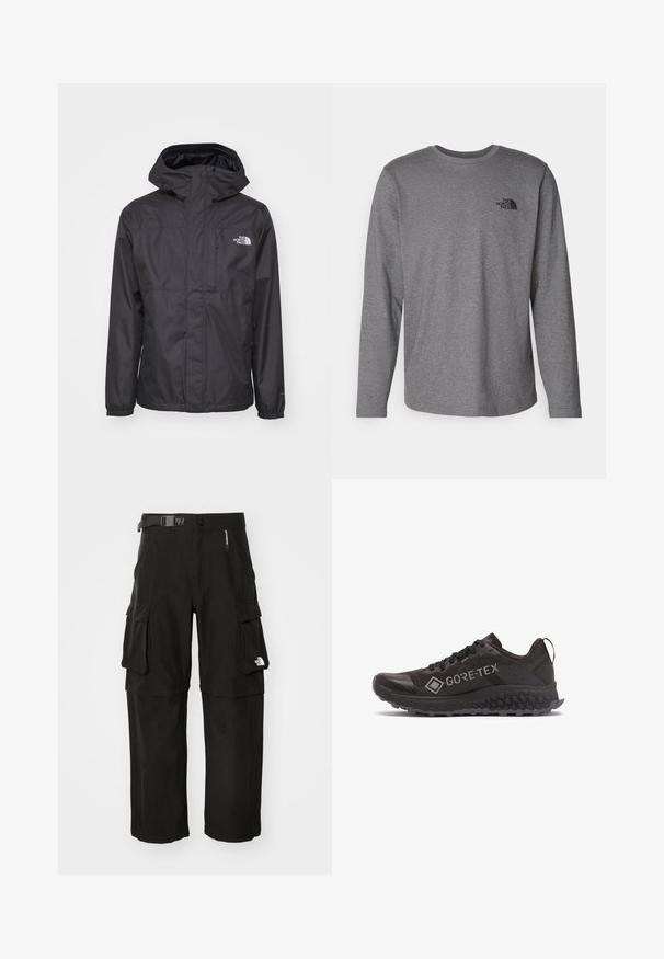 Svart vattentät jacka med framdragkedja, justerbar huva och elastiska ärmslut. Har logotyp på bröstet och slät yta.; The North Face M L/S SIMPLE DOME TEE - Långärmad tröja - medium grey heather; Svarta cargo-byxor av slitstarkt tyg, med flera fickor, ett bälte och en logotyp på underbenet. Rak passform med en mjuk textur.; Svart Gore-Tex löparsko med hexagonmönstrad sula och dragflik vid häl, sedd från utsidan.