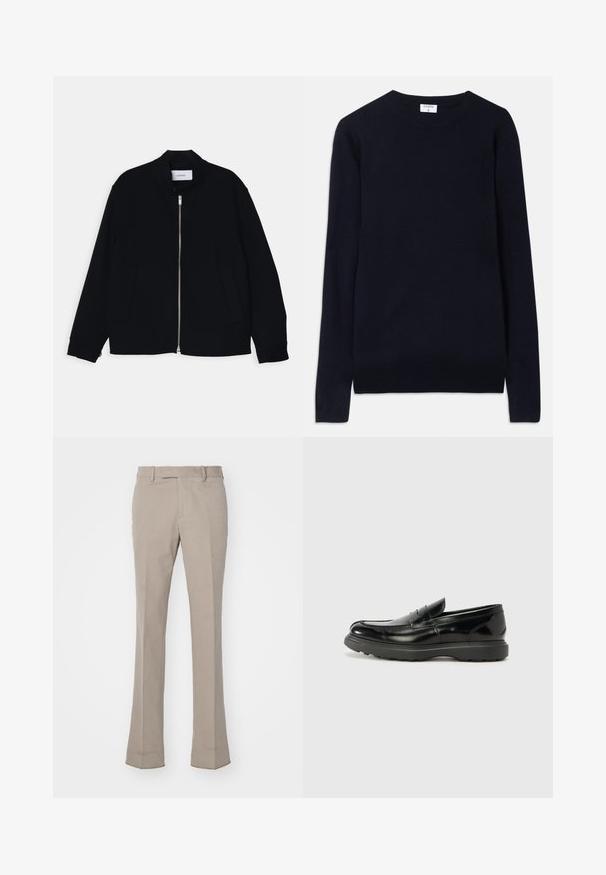 Melnā bomber jaka ar stāvošu apkakli, priekšējo rāvējslēdzēju un divām sānu kabatām. Izgatavota no gludas auduma, ar ribu aprocēm.; Tumši zila džemperis ar apaļu kaklu, izgatavots no mīksta materiāla, ar garām piedurknēm un ribota apdare ap kaklu un apakšu. Vienkāršs, minimālisma dizains.; Gai bēša krāsa bikses ar taisnu kāju dizainu, izgatavotas no gludas auduma. Iespraucama jostas vīle un tīras, piegriezuma šuves.; Melnas ādas loafers ar spīdīgu apdari, noapaļota pirksta forma, smalkas šuvju detaļas un bieza gumijas zole ilgstošai lietošanai.