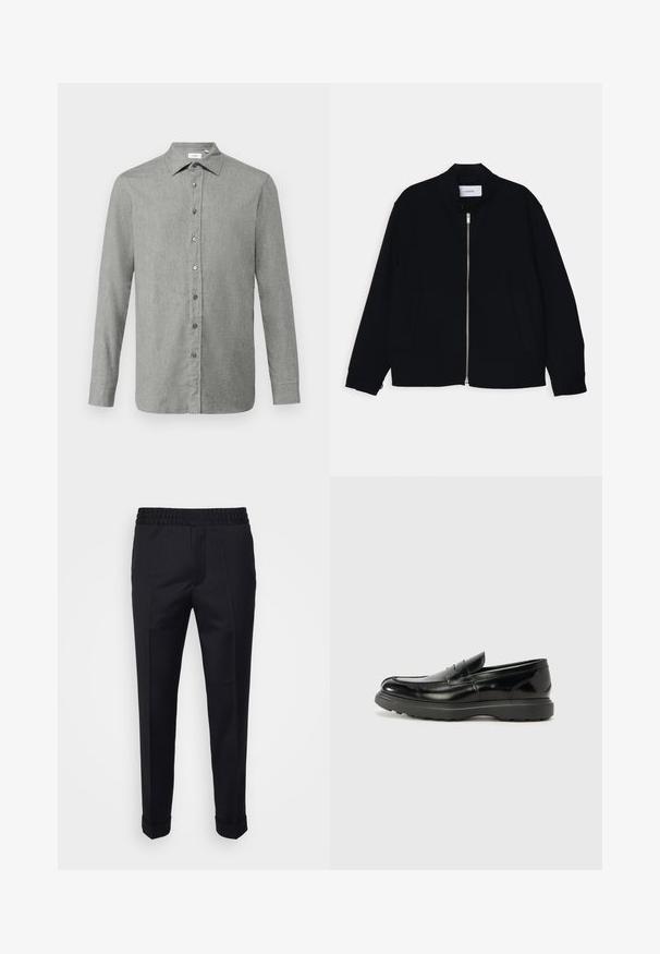 Melnā bomber jaka ar stāvošu apkakli, priekšējo rāvējslēdzēju un divām sānu kabatām. Izgatavota no gludas auduma, ar ribu aprocēm.; Gai pelēks pogājamais krekls, kas izgatavots no teksturēta auduma, ar klasisku apkakli, garām piedurknēm un pelēkām pogām priekšpusē.; Melni bikses, izgatavotas no viegla auduma, ar elastīgu jostu, sānu kabatām un atsvaidzinātām apakšmalām. Gluda tekstūra ar priekšējiem krokām.; Melnas ādas loafers ar spīdīgu apdari, noapaļota pirksta forma, smalkas šuvju detaļas un bieza gumijas zole ilgstošai lietošanai.