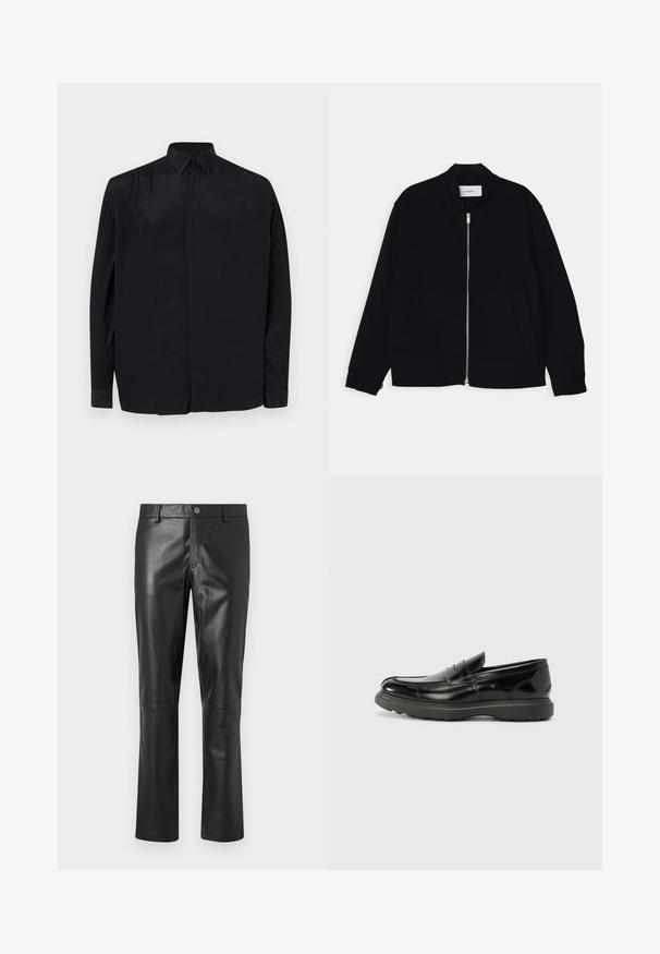 Melnā bomber jaka ar stāvošu apkakli, priekšējo rāvējslēdzēju un divām sānu kabatām. Izgatavota no gludas auduma, ar ribu aprocēm.; Melns garais piedurkņu krekls, izgatavots no gludas auduma, ar klasisko apkakli, pogu aizdari un brīvu piegriezumu ar aprocēm.; Melnas ādas bikses ar gludu tekstūru, taisniem griezumiem un smalkām šuvēm garam. Aprīkotas ar pogu aizdari jostasvietā.; Melnas ādas loafers ar spīdīgu apdari, noapaļota pirksta forma, smalkas šuvju detaļas un bieza gumijas zole ilgstošai lietošanai.