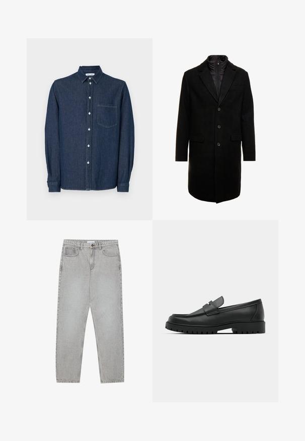 Μαύρο παλτό από μείγμα μαλλιού με κομψό σχέδιο, διαθέτει εσωτερική επένδυση με απομονωμένο στρώμα που εισάγεται, τρία κουμπιά και δύο μπροστινές τσέπες.; Σκούρος γκρι πουλόβερ με μακριά μανίκια, στρογγυλή λαιμόκοψη και φουντωτή υφή. Διαθέτει ένα μεγάλο, στιλιζαρισμένο σχέδιο σταυρού σε ελαφρύτερο γκρι χρώμα.; Σκούρο μπλε τζιν πουκάμισο με κουμπιά, μακρύ μανίκι, γιακά, μία τσέπη στο στήθος και άσπρα κουμπιά μπροστά.; Ανοιχτό γκρι τζιν παντελόνι με ίσια γραμμή, πέντε τσέπες και κλείσιμο με κουμπί. Ορατές ραφές κατά μήκος των ραφών.; Μαύρα δερμάτινα λουστρίνια με στρογγυλή μύτη, που διαθέτουν ραμμένο σχέδιο, χαμηλή πλατφόρμα και υφή με λαστιχένια σόλα με προεξοχές.