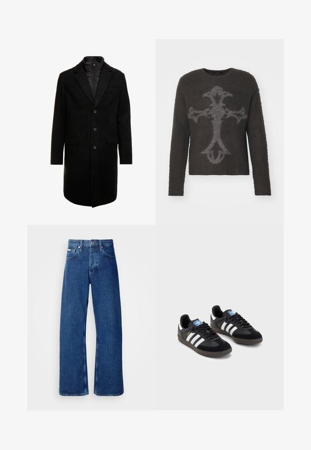 Crni kaput od vune s mješavinom, elegantnog dizajna, s odvojivim izoliranim unutarnjim slojem, tri gumba i dva prednja džepa.; Tamno sivi džemper s dugim rukavima, okruglim izrezom i pahuljastom teksturom. Ima veliki, stilizirani uzorak križa u svjetlijoj sivoj boji.; Calvin Klein Jeans 90S LOOSE - Traperice opuštenog kroja - denim dark; Crne tenisice s gornjim dijelom od antilopa i sintetičkog materijala, s tri bijele pruge, teksturiranom gumenom potplatom i plavom oznakom na jeziku.
