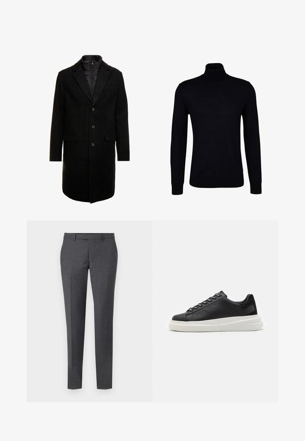 Černý vlněný kabát s elegantním designem, který má odnímatelnou izolační vnitřní vrstvu, tři knoflíky a dvě přední kapsy.; Černý rolák z hladkého pleteného materiálu. Má dlouhé rukávy, přiléhavý límec a žebrované manžety a lem pro těsný střih.; Balení tří triček: jedno černé a dvě bílá. Každé má kulatý výstřih, krátké rukávy a je vyrobeno z hladké bavlněné látky.; Šedé kalhoty na míru s hladkou texturou, rovného střihu, plochým předním dílem a poutky na opasek. Mají jemný kostkovaný vzor a záhyb vpředu.; Černé kožené tenisky s bílou gumovou podrážkou, mají ploché tkaničky a očička s logem. Jemná textura s kontrastním bočním akcentem.