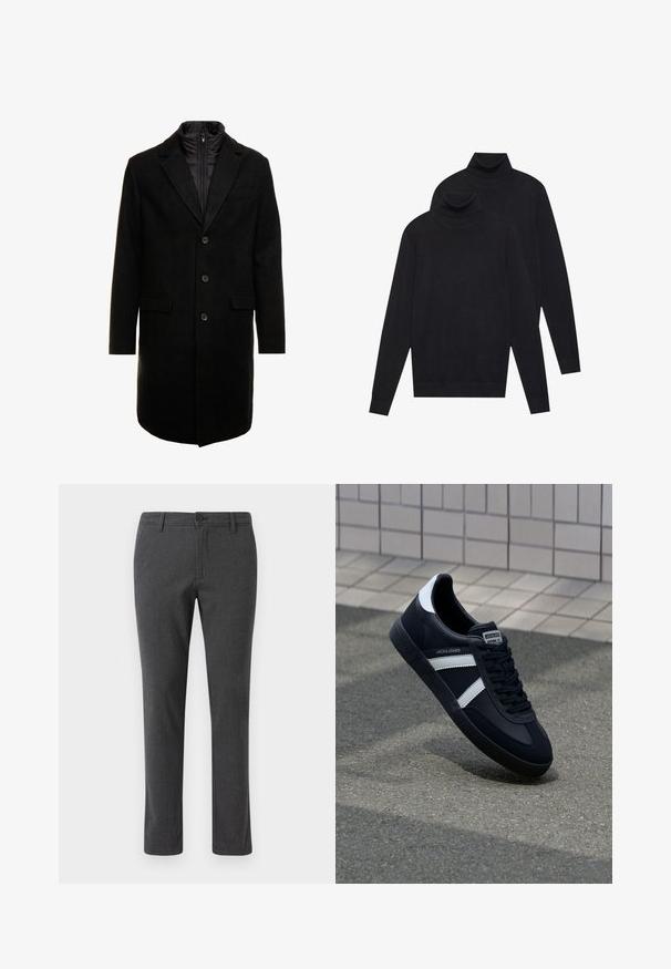 Sort uldblandings frakk med et elegant design, der har et indbygget isoleret inderlag, tre knapper og to forlommer.; To sorte langærmede turtleneck-trøjer, ensfarvede strikkede, stablet med den ene lidt bag den anden på en hvid baggrund.; Grå skræddersyede bukser med en subtil struktur, lige bendesign, frontknaplukning og standardlommer på siderne og bagpå.; Sort lædersneaker med hvide striber, tekstureret gummisål og snørrebånd foran. Har et brandet mærke på tungen.