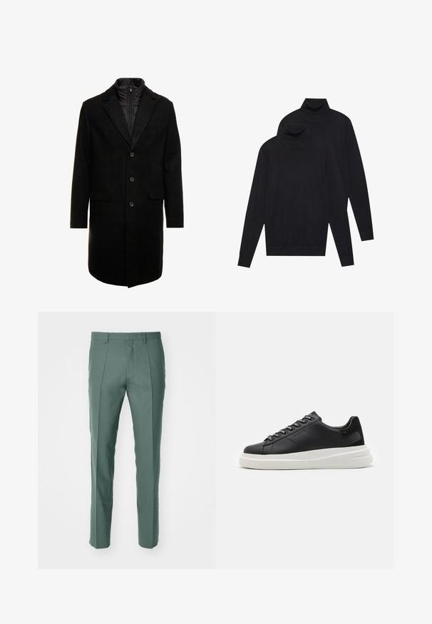 Svart ullblandad ytterrock med en stilren design, med ett zip-in isolerat innerlager, tre knappar och två framfickor.; Två svarta långärmade polotröjor, enfärgat stickade, staplade med en något bakom den andra på en vit bakgrund.; skräddarsydda byxor i en dämpad grön färg, tillverkade av texturerad tyg, med rak ben-design och diskreta veck fram.; Svart lädersneaker med en vit gummisula, med platta snören och märkta öglor. Mjuk textur med en kontrasterande sidodetalj.