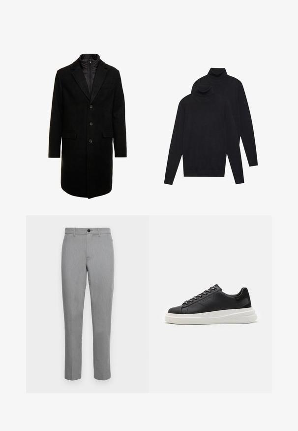 Juodas vilnos mišinio viršutinis paltas su elegantišku dizainu, turintis įsitraukiančią izoliuotą vidinę dalį, tris mygtukus ir dvi priekinės kišenes.; Du mėlynos ilgomis rankovėmis golfo megztiniai, paprasta mezgimo, supilti vienas ant kito, vienas šiek tiek už nugaros, ant baltos fono.; Pilkos pritaikytos kelnės su lygiu paviršiumi, priekyje esančiu sagų užsegimu ir tiesiomis kojomis. Paprastas dizainas be raštų ar puošmenų.; Juodos odinės sportbačiai su balta guma padanga, su plokščiomis raiščiais ir firminiais skylutėmis. Minkšta tekstūra su kontrastingu šonu akcentu.