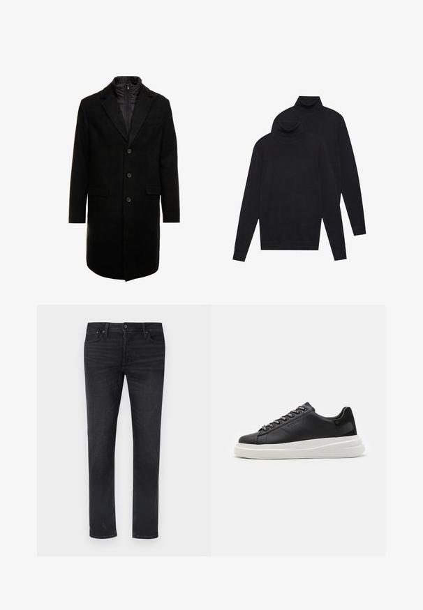 Fekete gyapjú keverékből készült overál, letisztult dizájnnal, cipzárral ellátott szigetelt belső réteggel, három gombbal és két elülső zsebből.; Két fekete, hosszúujjú garbó, sima kötésű, egymásra helyezve, az egyik kicsit a másik mögött, fehér háttér előtt.; Fekete farmernadrág egyenes szárú szabással, öt zsebbel, közepes magasságú derékpánttal és finom kifakult részletekkel.; Fekete bőr sportcipő fehér gumitalppal, lapos fűzőkkel és márkázott fűzőlyukakkal. Puha tapintású, kontrasztos oldali akcentussal.