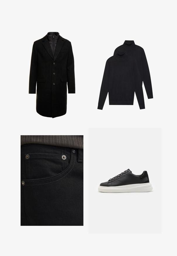 Czarny płaszcz wełniany o eleganckim fasonie, z ocieplaną wkładką na zamek, trzema guzikami i dwiema przednimi kieszeniami.; Dwa czarne swetry z długimi rękawami i golfem, gładko plecione, ułożone jeden za drugim na białym tle.; Czarne dżinsy o slim fit z gładką fakturą. Posiadają srebrne elementy, nity i kontrastowe przeszycia w okolicach kieszeni.; Czarne skórzane trampki z białą gumową podeszwą, z płaskimi sznurowadłami i logo w oczkach. Miękka tekstura z kontrastowym akcentem bocznym.