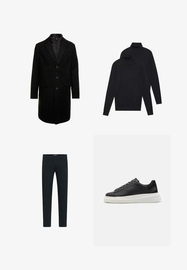 Sort uldblandings frakk med et elegant design, der har et indbygget isoleret inderlag, tre knapper og to forlommer.; To sorte langærmede turtleneck-trøjer, ensfarvede strikkede, stablet med den ene lidt bag den anden på en hvid baggrund.; Sorte bomuldsbukser med slim fit, der har en knap- og lynlås-lukning, fem lommer og en glat tekstur. Ensfarvet design uden mønstre.; Sort lædersneaker med en hvid gummisål, der har flade snørebånd og branded øjer. Blød tekstur med en kontrasterende sideaccent.