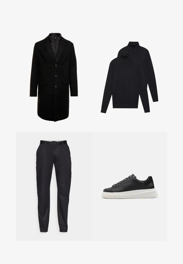 Juodas vilnos mišinio viršutinis paltas su elegantišku dizainu, turintis įsitraukiančią izoliuotą vidinę dalį, tris mygtukus ir dvi priekinės kišenes.; Du mėlynos ilgomis rankovėmis golfo megztiniai, paprasta mezgimo, supilti vienas ant kito, vienas šiek tiek už nugaros, ant baltos fono.; Juodos kelnės su siauru siluetu, su lygia priekiu, diržo kilpomis ir vienu mygtuko užsegimu. Lygus audinys su minimalia blizgesi.; Juodos odinės sportbačiai su balta guma padanga, su plokščiomis raiščiais ir firminiais skylutėmis. Minkšta tekstūra su kontrastingu šonu akcentu.