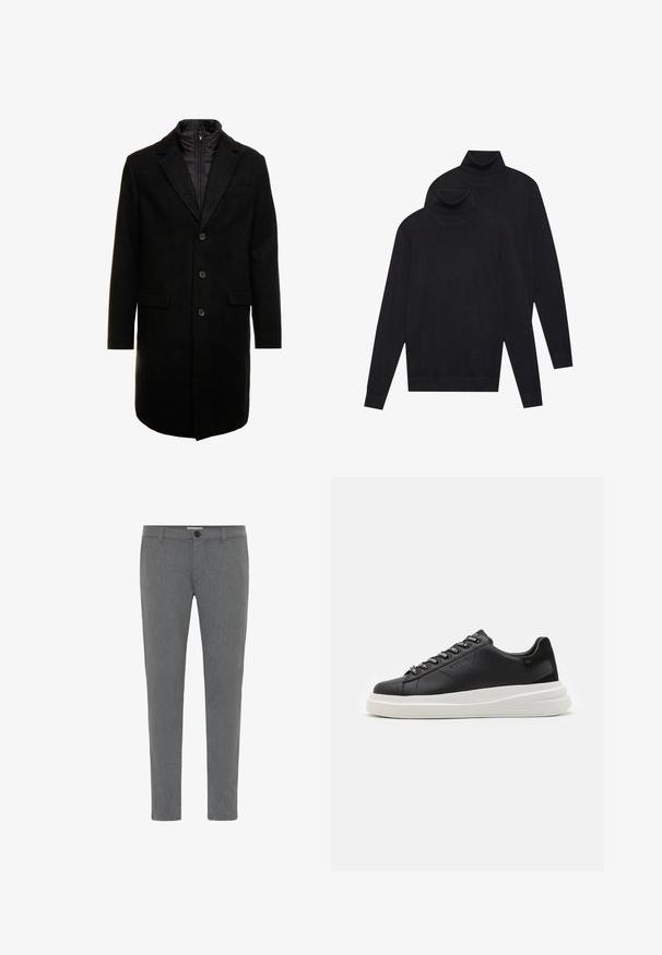 Čierny vlnený mixový kabát s elegantným dizajnom, ktorý má zasúvateľnú izolovanú vnútornú vrstvu, tri gombíky a dve predné vrecká.; Dvoje čiernych svetrov s dlhým rukávom a rolákom, jednofarebných, uložených jeden na druhom, pričom jeden je mierne posunutý vzad na bielom pozadí.; Sivé prispôsobené nohavice vyrobené z textúrovanej tkaniny, s klasickým pásom s pútkami na opasok, zipsom a jediným gombíkom na zapínanie.; Čierne kožené tenisky s bielou gumovou podrážkou, s plochými šnúrkami a brandovanými očkami. Mäkká textúra s kontrastným bočným akcentom.