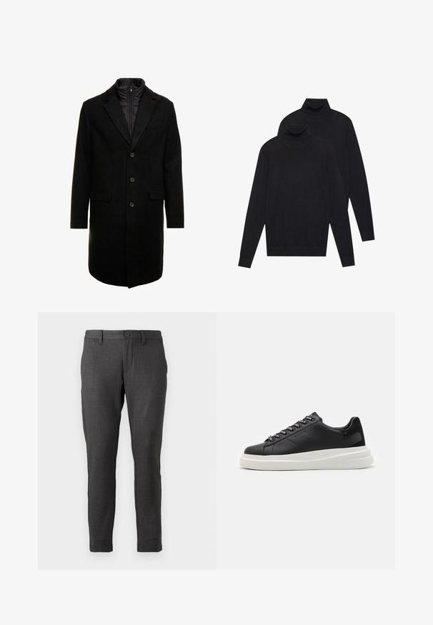 Black wool blend overcoat with a sleek design, featuring a zip-in insulated inner layer, three buttons, and two front pockets.; Two black long-sleeve turtleneck sweaters, plain knit, stacked with one slightly behind the other on a white background.; Only & Sons MARK CHECK - Chinos - coffee bean; Black leather sneaker with a white rubber sole, featuring flat laces and branded eyelets. Soft texture with a contrasting side accent.