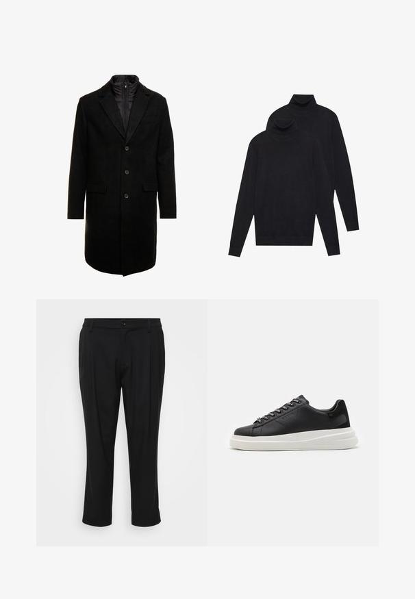 Fekete gyapjú keverékből készült overál, letisztult dizájnnal, cipzárral ellátott szigetelt belső réteggel, három gombbal és két elülső zsebből.; Két fekete, hosszúujjú garbó, sima kötésű, egymásra helyezve, az egyik kicsit a másik mögött, fehér háttér előtt.; Fekete, egyenes szárú nadrág, testreszabott fazonnal. Simító anyagból készült, gombos záródással és két elülső zsebbel rendelkezik.; Fekete bőr sportcipő fehér gumitalppal, lapos fűzőkkel és márkázott fűzőlyukakkal. Puha tapintású, kontrasztos oldali akcentussal.