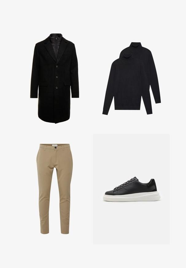 Svart ullblandingsfrakk med et elegant design, som har et avtagbart isolert innerlag, tre knapper og to frontlommer.; To svarte langermede genserne med høy hals, ensfarget strikket, stablet med den ene litt bak den andre på en hvit bakgrunn.; Beige skreddersydde bukser med smal passform, som har glidelås foran, lommer på forsiden og en enkelt knappelukking. Jevn stoffoverflate.; Svart lær sneakers med hvit gummisåle, med flate lisser og merkede lissehull. Myk tekstur med en kontrasterende sideaccent.