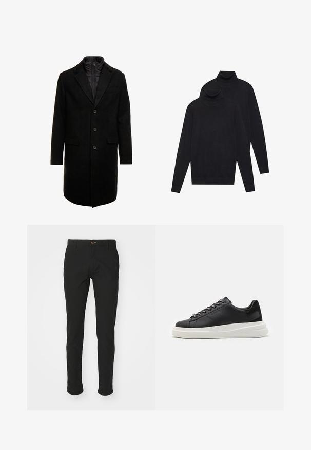 Palton dintr-un amestec de lână negru, cu un design elegant, având un strat interior izolat care se poate atașa cu fermoar, trei butoane și două buzunare frontale.; Două pulovere negre cu mânecă lungă și guler înalt, tricotate simplu, așezate unul peste altul, cu unul puțin mai în spate decât celălalt, pe un fundal alb.; Chino negri din țesătură din amestec de bumbac, design slim fit, cu închidere cu buton maro, două buzunare laterale și tivuri manșonate.; Sneaker din piele neagră cu o talpă din cauciuc alb, cu șireturi plate și eyelets marcate. Textură moale cu un accent lateral contrastant.