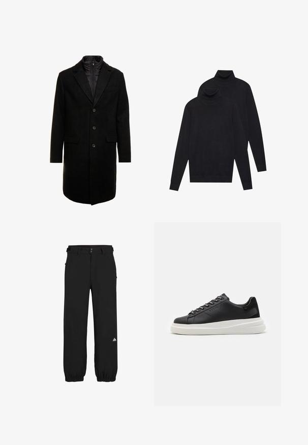 Cappotto lungo in misto lana nero dal design elegante, con uno strato interno isolato rimovibile, tre bottoni e due tasche frontali.; Due maglioni a collo alto neri a maniche lunghe, lavorati a maglia semplice, impilati con uno leggermente dietro l'altro su uno sfondo bianco.; Pantaloni neri in tessuto leggero, con una vestibilità comoda, polsini elasticizzati, passanti per cintura e un piccolo logo colorato sulla coscia.; Sneaker in pelle nera con suola in gomma bianca, dotato di lacci piatti e occhielli brandizzati. Texture morbida con un accento laterale a contrasto.