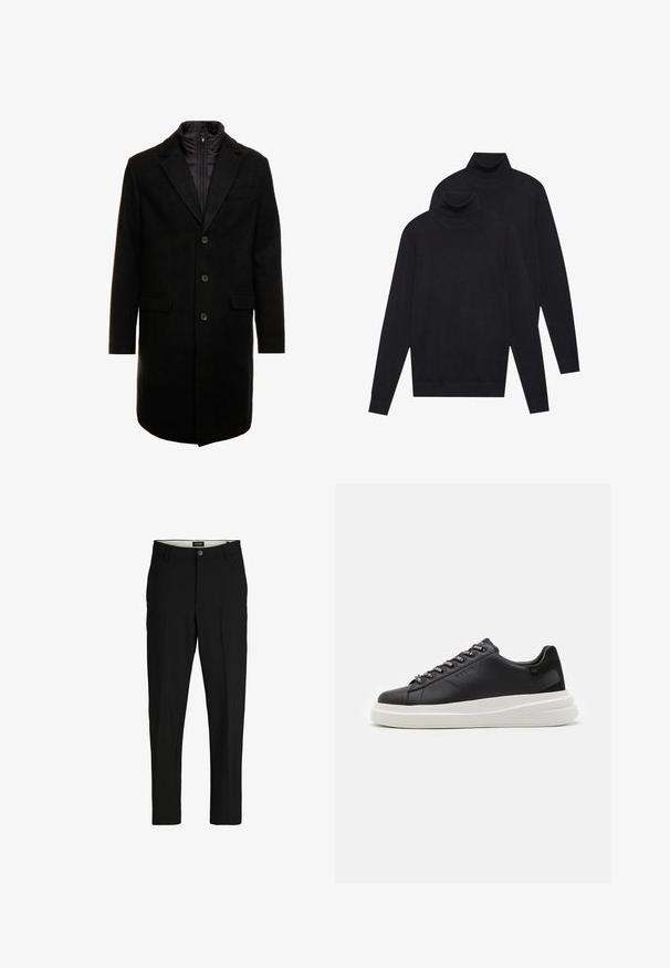 Melna vilnas maisījuma virsjakas ar elegantu dizainu, kurā ir iešūta izolēta iekšējā kārta, trīs pogas un divas priekšējās kabatas.; Divi melni garie piedurkņu kūtīši, parasta adījuma, sakrauti viens nedaudz aizmugurē otrais uz baltas fona.; Melnas bikses, izgatavotas no gluda auduma, ar pielāgotu dizainu, taisnām kājām, divām priekšējām kabatām un vienu pogu aizdari.; Melnas ādas sporta kurpes ar baltu gumijas zoli, kurām ir plakanas saites un zīmola acs. Mīksta tekstūra ar kontrastējošu sānu akcentu.